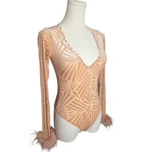 NWT MEEK Champagne Velvet Detail Long Sleeve with Feather Cuff Body Suit